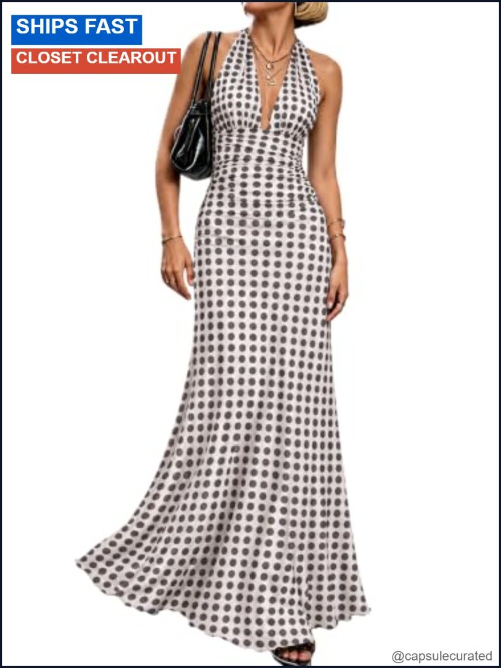 Halter Maxi Dress Ruched Waist Open Back Polka Dot Women's Sleeveless